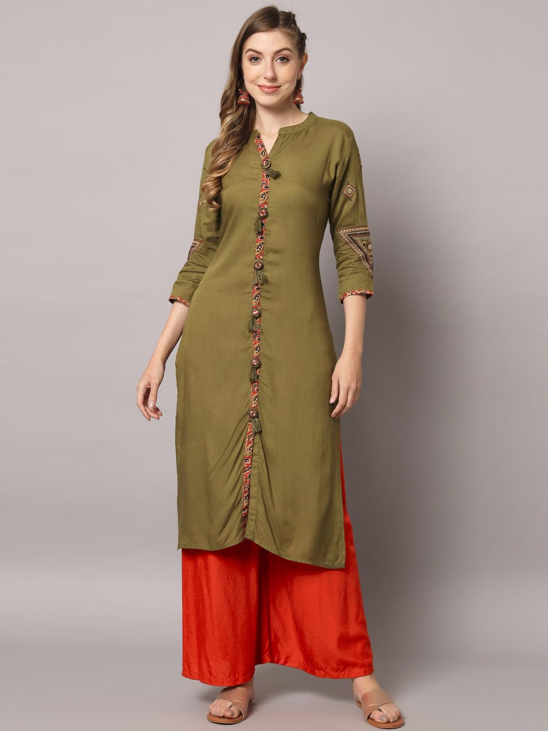 Women's Mahendi Green Color Solid Rayon Embroidered Kurta - PREKSHA - Indiakreations