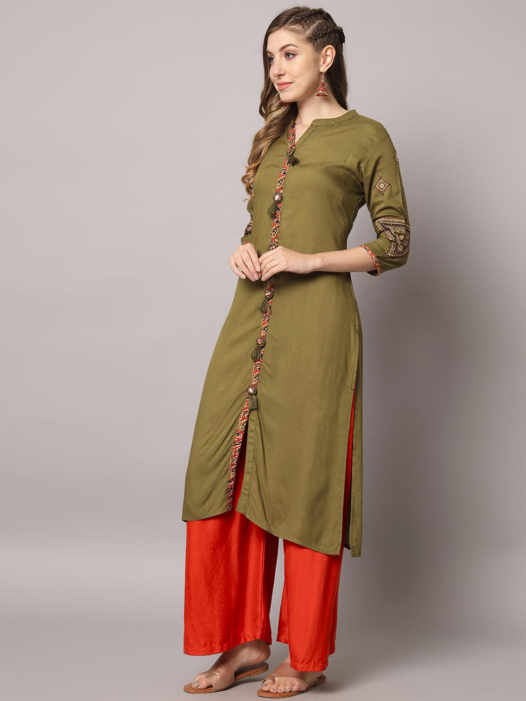 Women's Mahendi Green Color Solid Rayon Embroidered Kurta - PREKSHA - Indiakreations