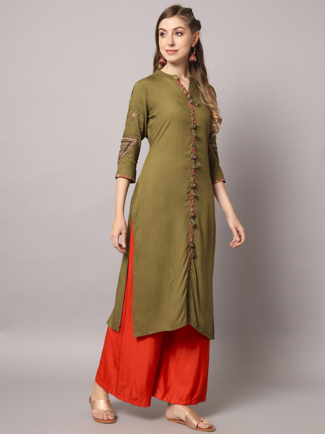 Women's Mahendi Green Color Solid Rayon Embroidered Kurta - PREKSHA - Indiakreations