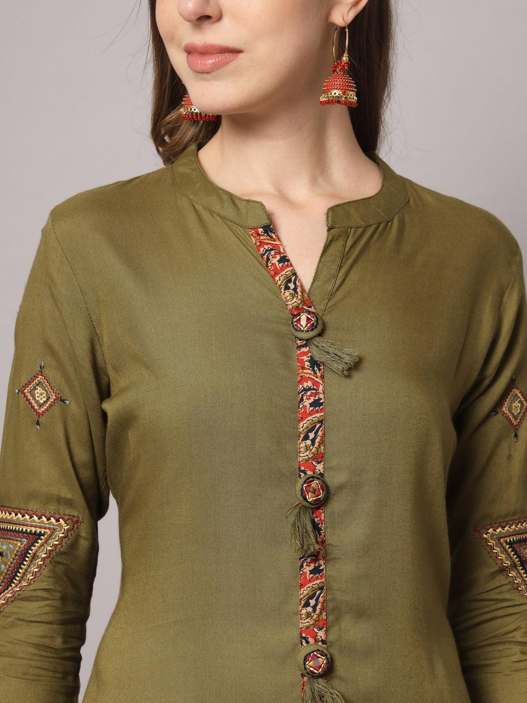 Women's Mahendi Green Color Solid Rayon Embroidered Kurta - PREKSHA - Indiakreations