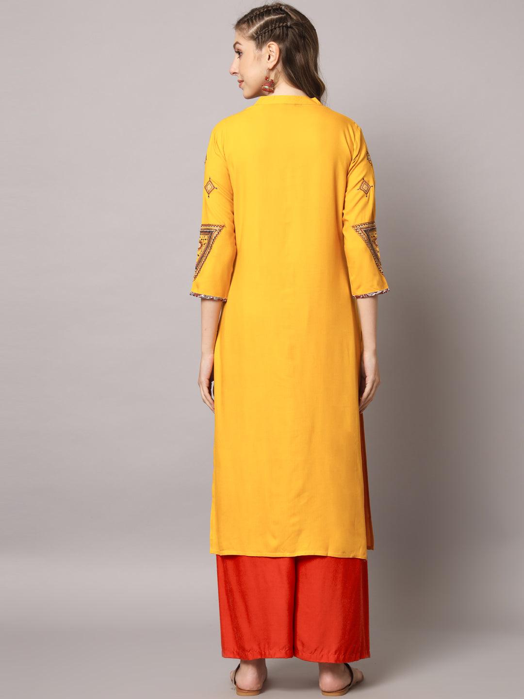 Women's Mustrad Color Solid Rayon Embroidered Kurta - PREKSHA - Indiakreations