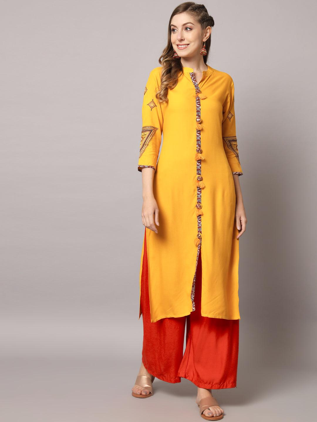 Women's Mustrad Color Solid Rayon Embroidered Kurta - PREKSHA - Indiakreations