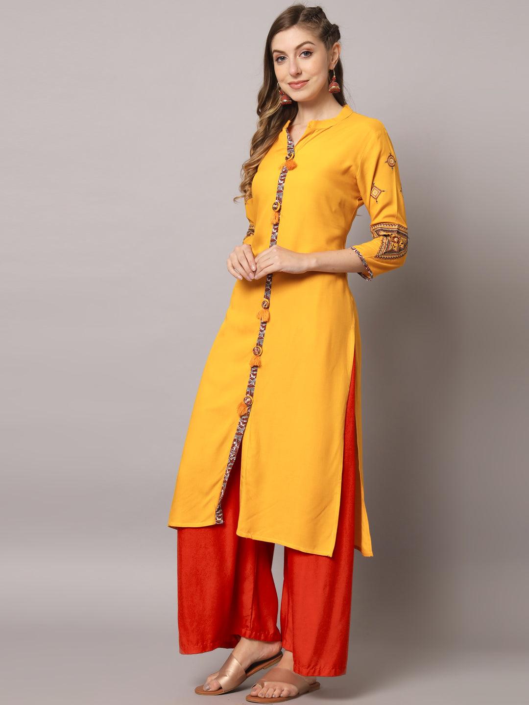 Women's Mustrad Color Solid Rayon Embroidered Kurta - PREKSHA - Indiakreations