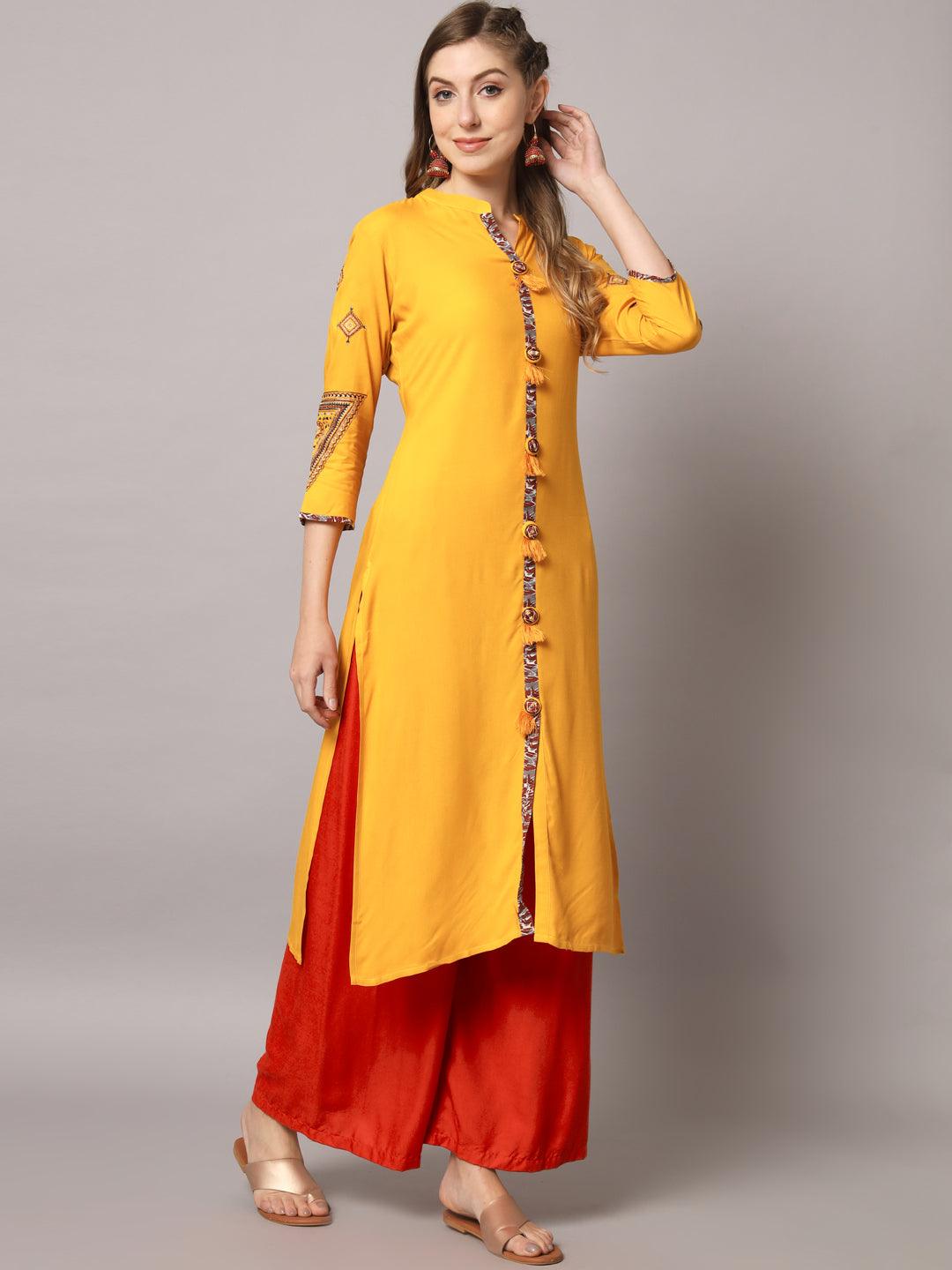 Women's Mustrad Color Solid Rayon Embroidered Kurta - PREKSHA - Indiakreations