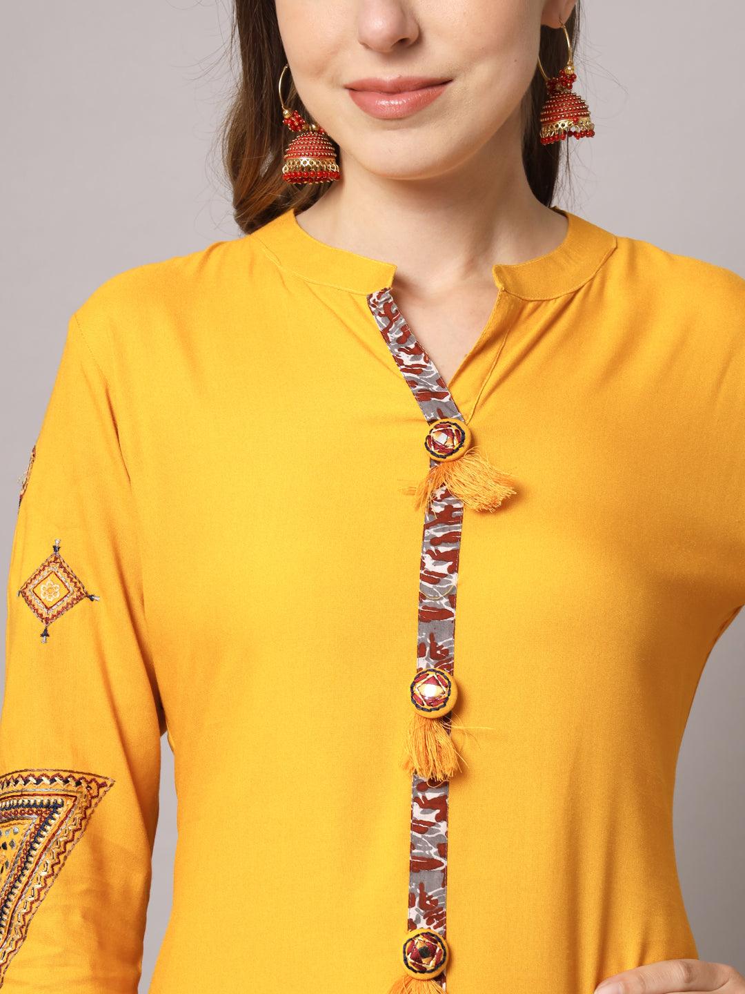 Women's Mustrad Color Solid Rayon Embroidered Kurta - PREKSHA - Indiakreations