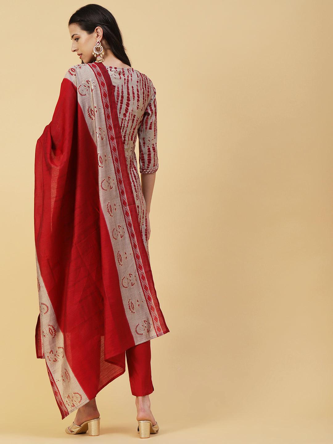 Shibori Printed Mirror & Resham Embroidered Kurta With Pants & Foil Printed Dupatta - Red - Indiakreations