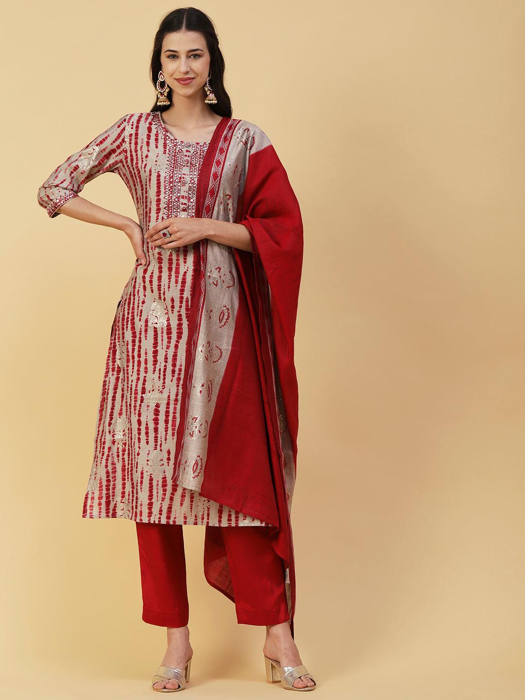 Shibori Printed Mirror & Resham Embroidered Kurta With Pants & Foil Printed Dupatta - Red - Indiakreations