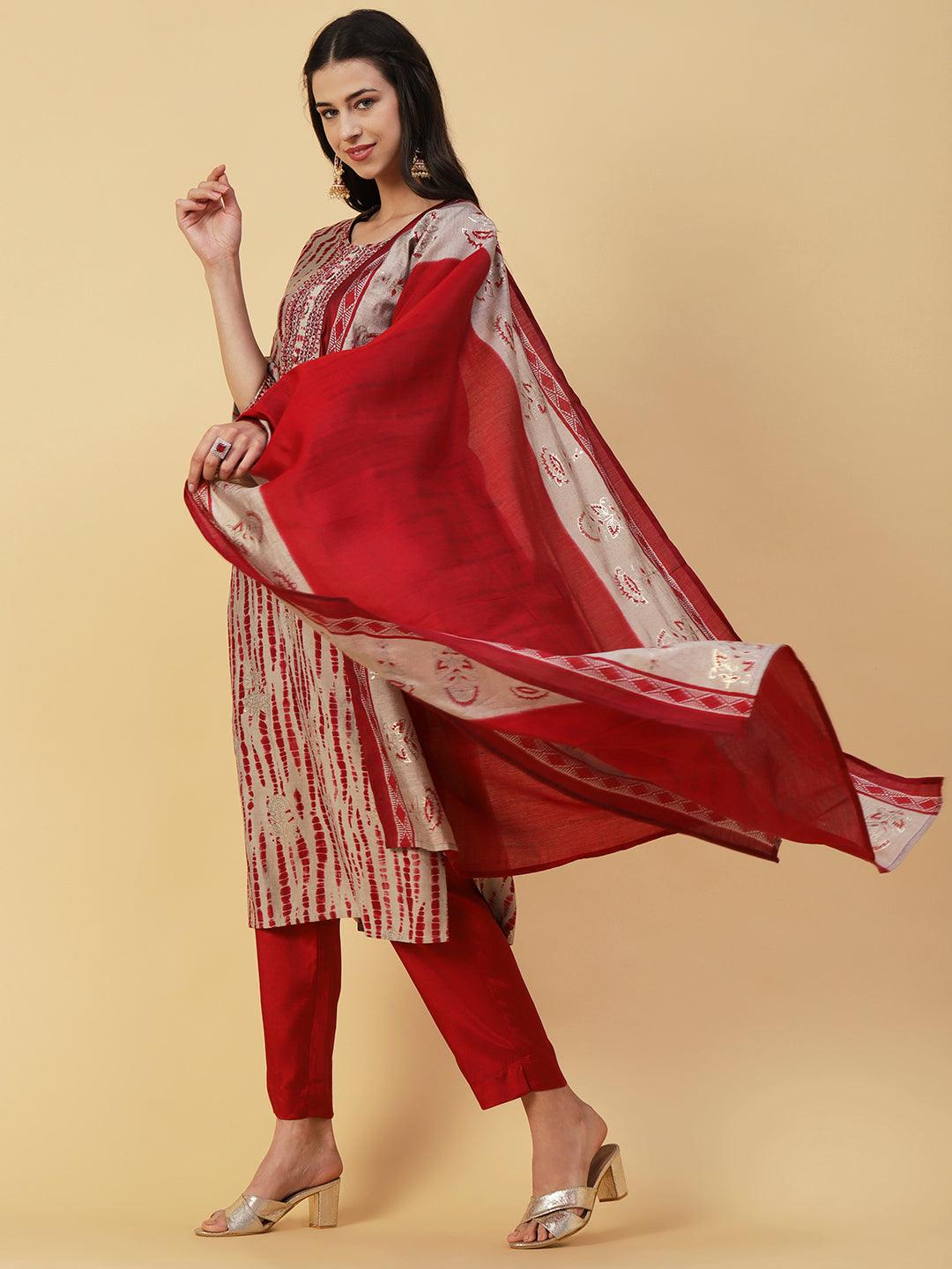 Shibori Printed Mirror & Resham Embroidered Kurta With Pants & Foil Printed Dupatta - Red - Indiakreations