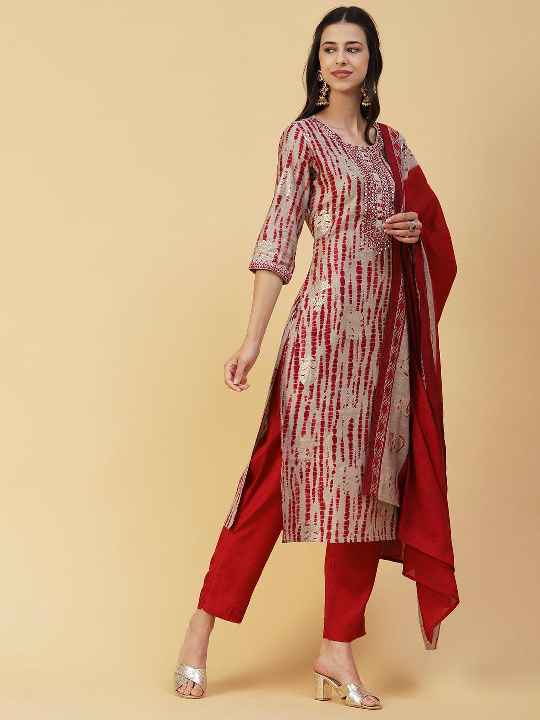 Shibori Printed Mirror & Resham Embroidered Kurta With Pants & Foil Printed Dupatta - Red - Indiakreations