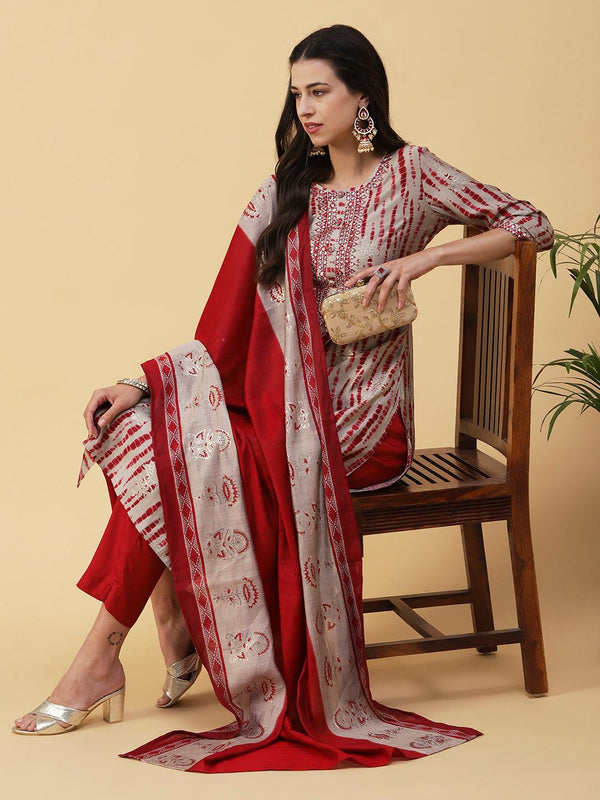 Shibori Printed Mirror & Resham Embroidered Kurta With Pants & Foil Printed Dupatta - Red - Indiakreations