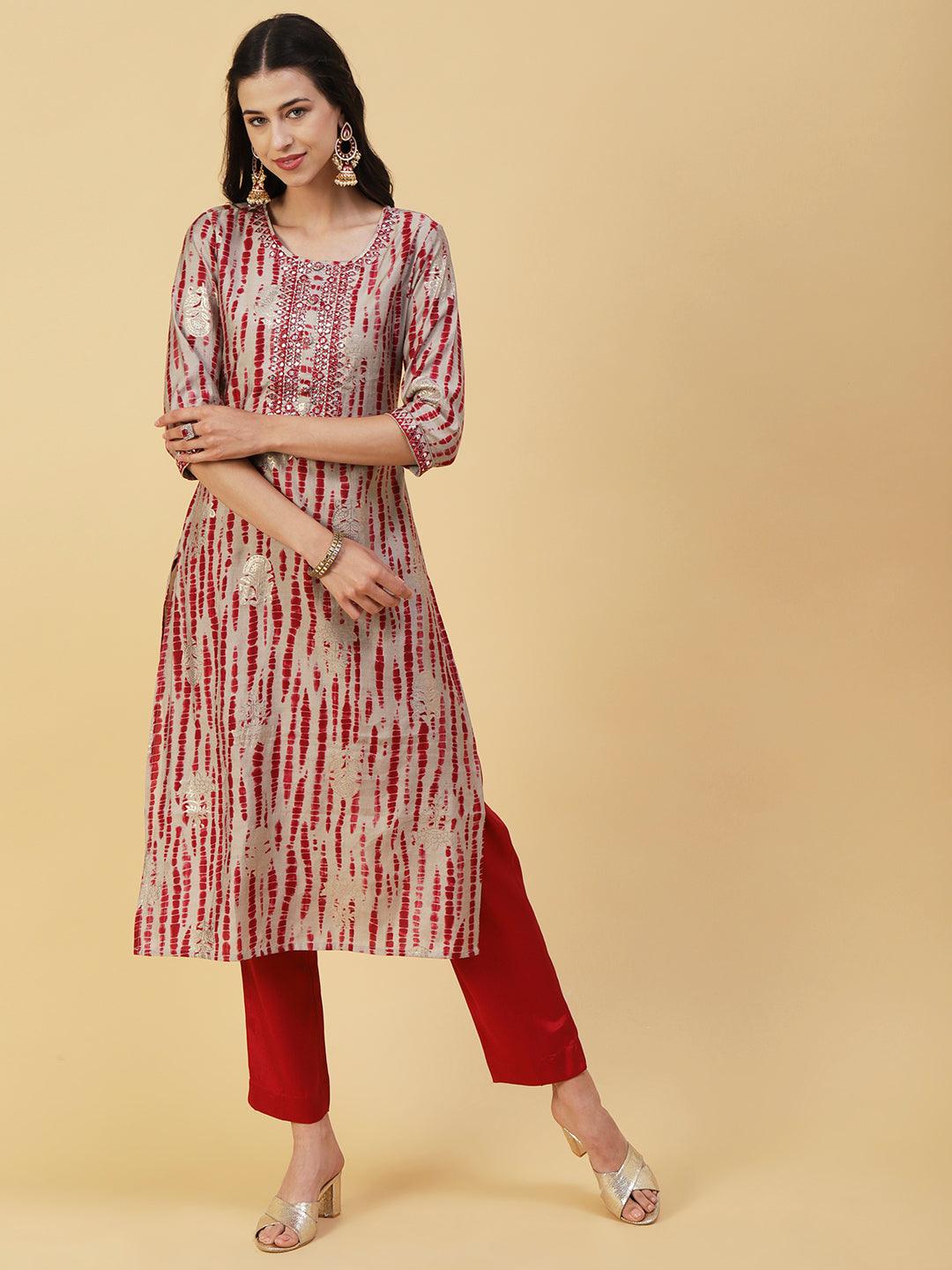 Shibori Printed Mirror & Resham Embroidered Kurta With Pants & Foil Printed Dupatta - Red - Indiakreations