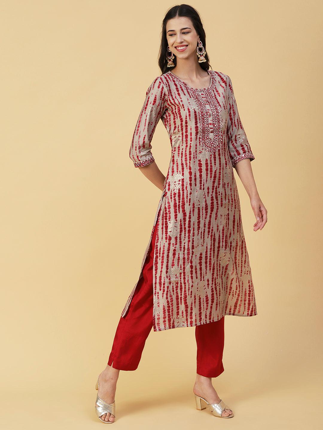 Shibori Printed Mirror & Resham Embroidered Kurta With Pants & Foil Printed Dupatta - Red - Indiakreations