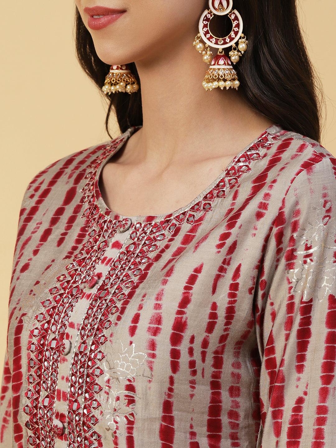 Shibori Printed Mirror & Resham Embroidered Kurta With Pants & Foil Printed Dupatta - Red - Indiakreations