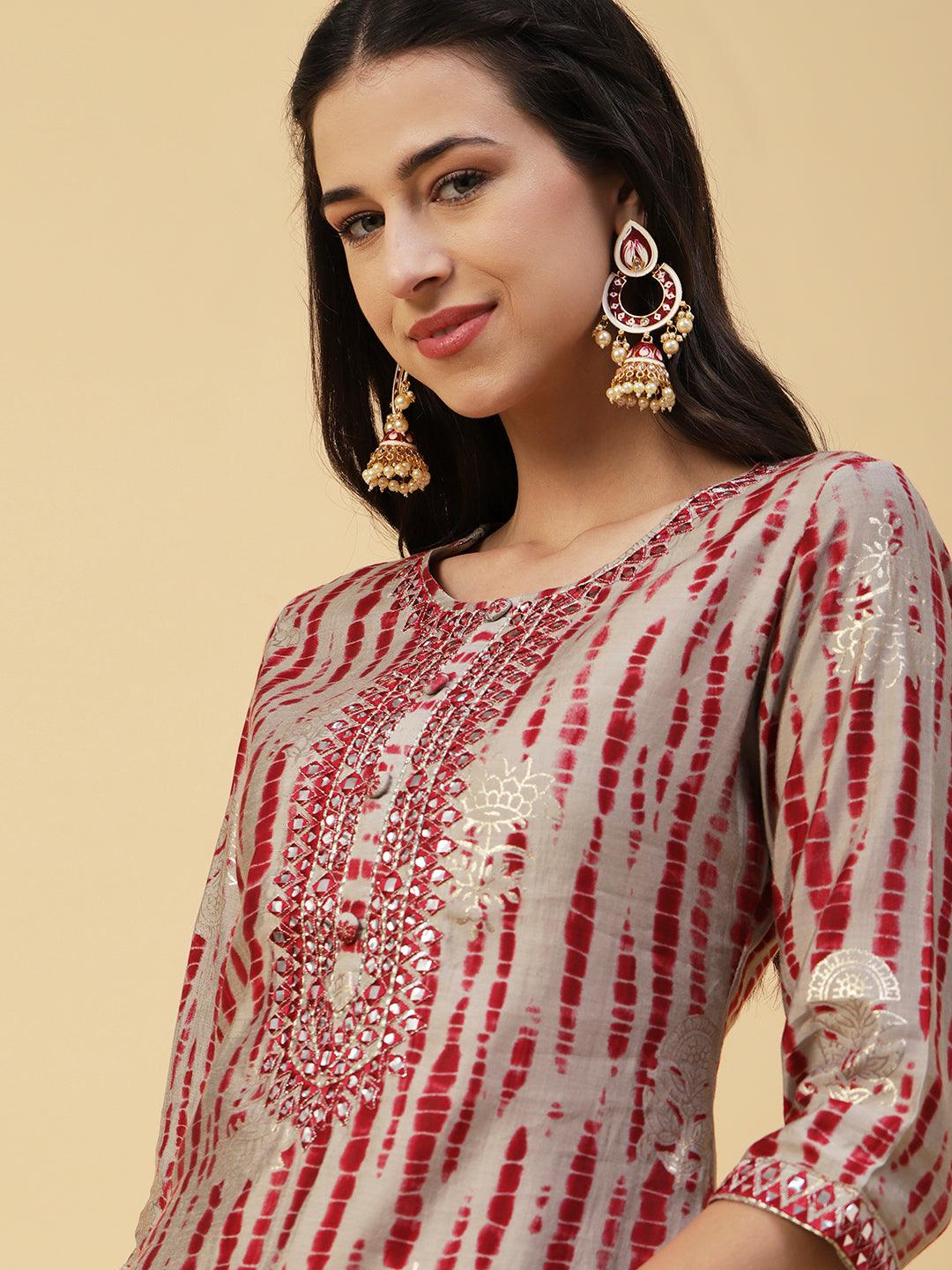 Shibori Printed Mirror & Resham Embroidered Kurta With Pants & Foil Printed Dupatta - Red - Indiakreations