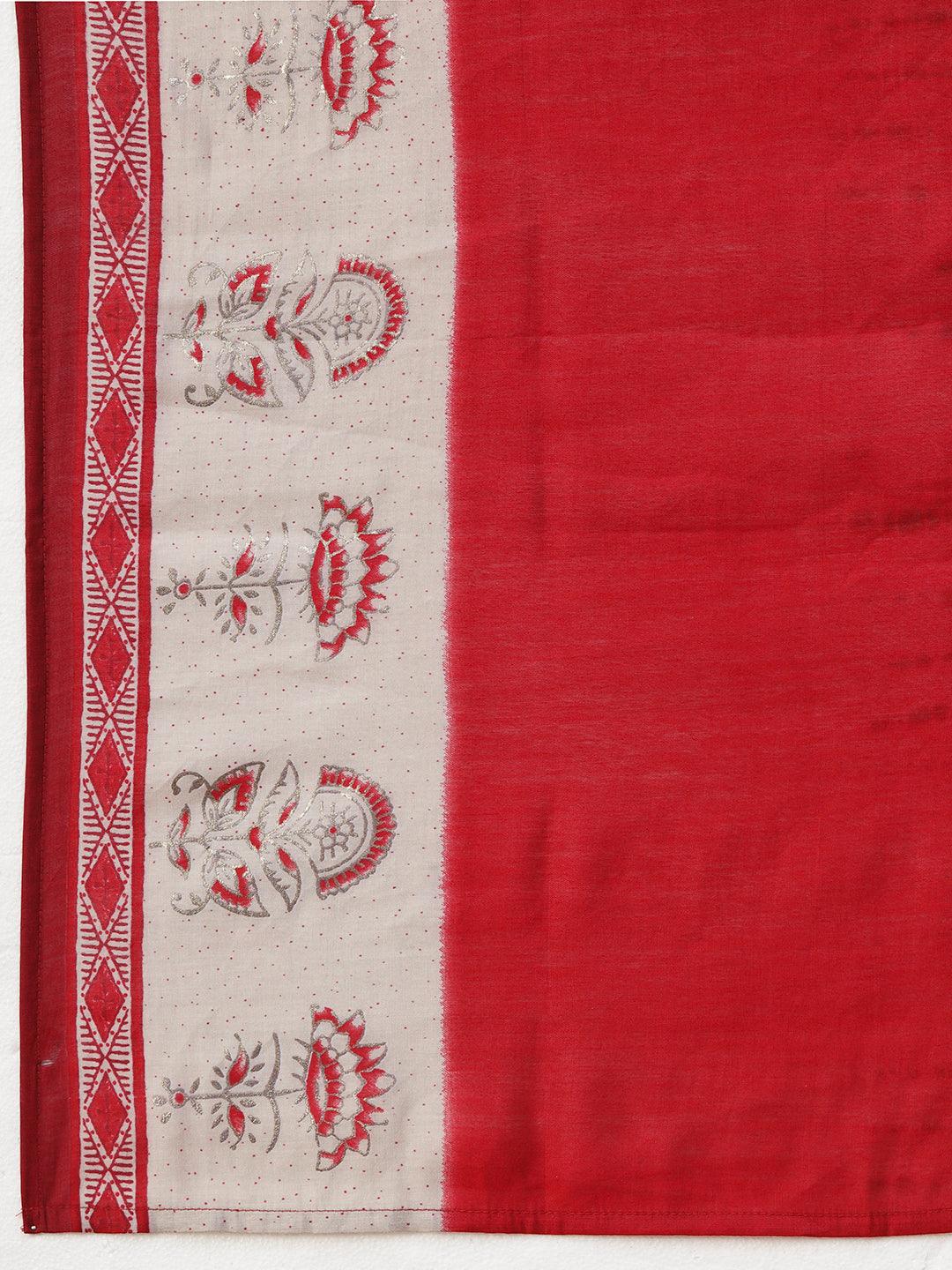 Shibori Printed Mirror & Resham Embroidered Kurta With Pants & Foil Printed Dupatta - Red - Indiakreations