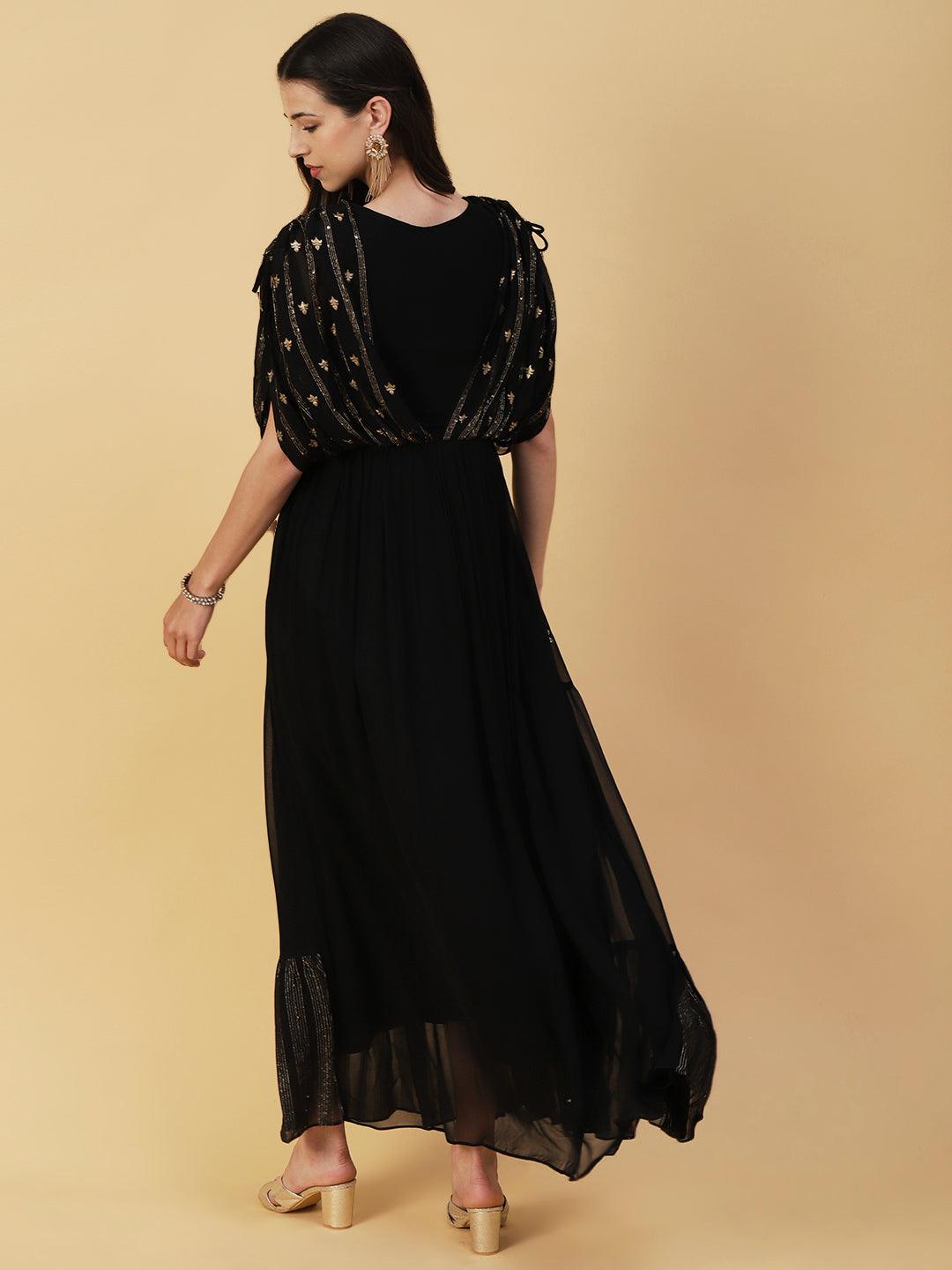 Woven Zari Work Mirror & Resham Embroidered Layered Yoke Gown - Black - Indiakreations