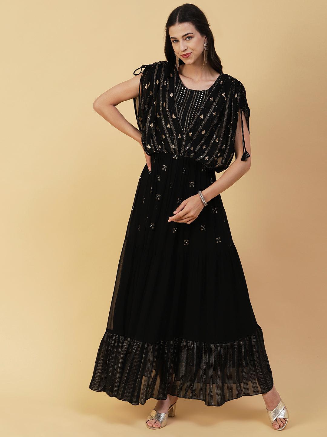 Woven Zari Work Mirror & Resham Embroidered Layered Yoke Gown - Black - Indiakreations