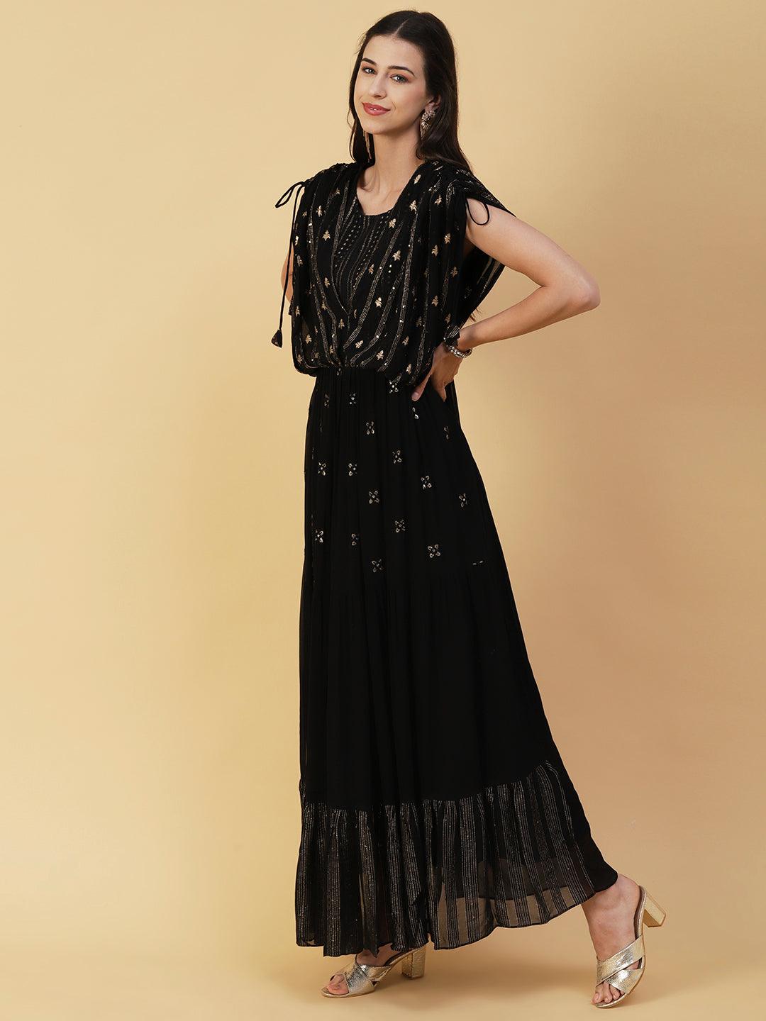 Woven Zari Work Mirror & Resham Embroidered Layered Yoke Gown - Black - Indiakreations