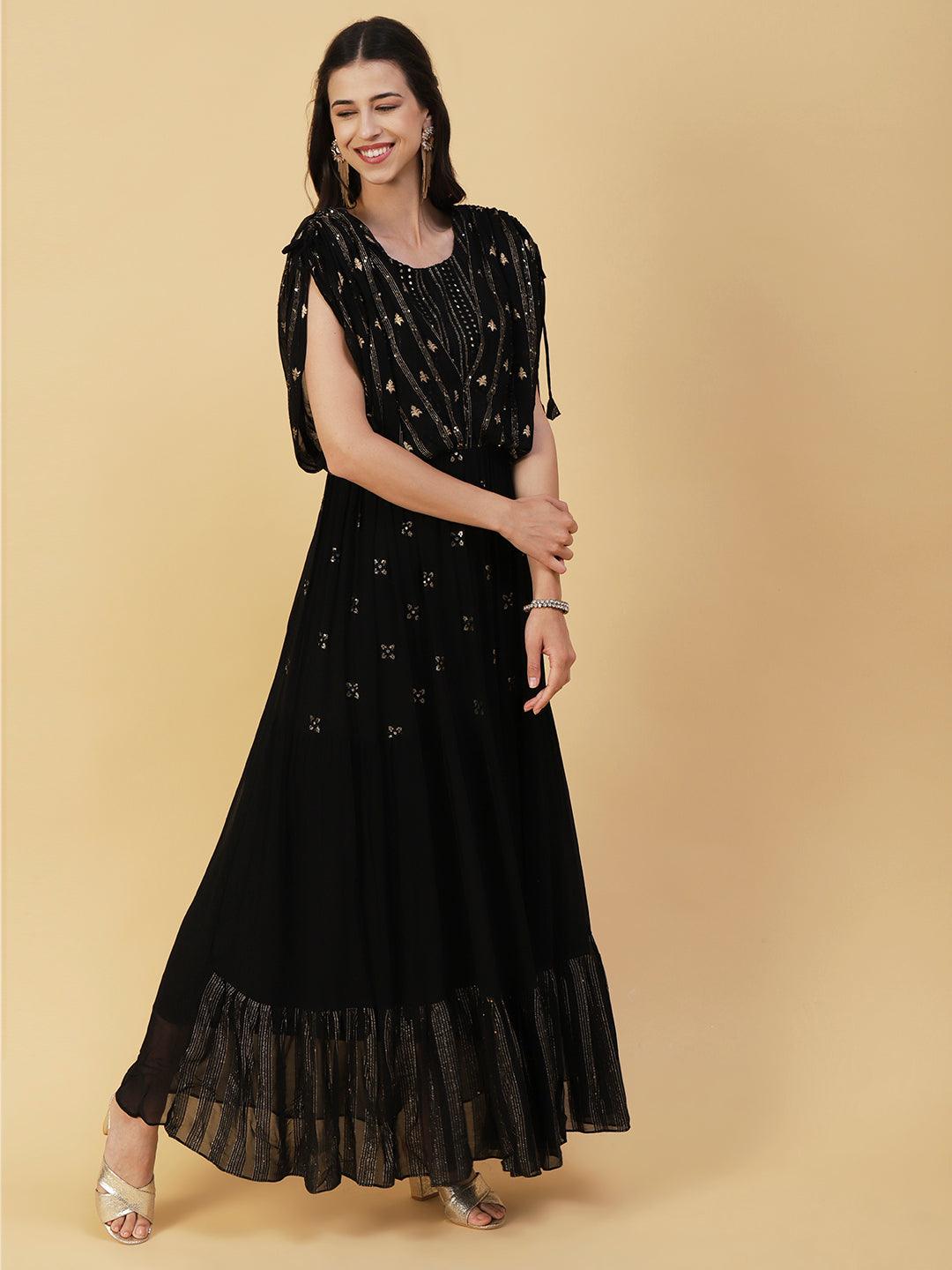 Woven Zari Work Mirror & Resham Embroidered Layered Yoke Gown - Black - Indiakreations