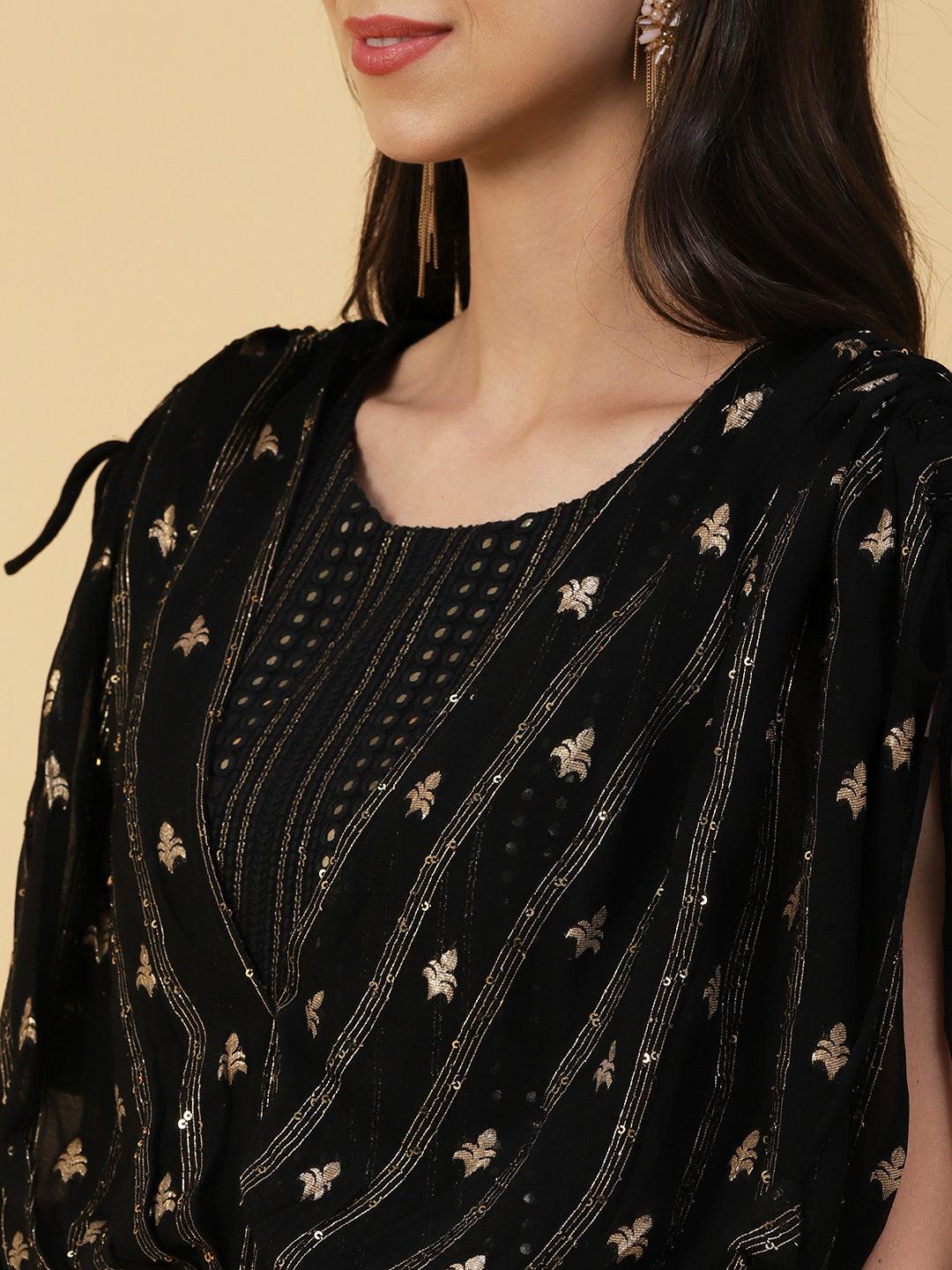 Woven Zari Work Mirror & Resham Embroidered Layered Yoke Gown - Black - Indiakreations