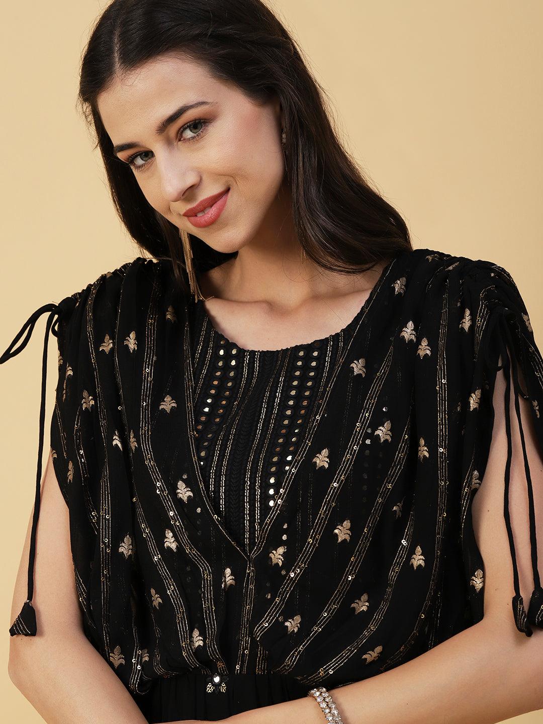 Woven Zari Work Mirror & Resham Embroidered Layered Yoke Gown - Black - Indiakreations