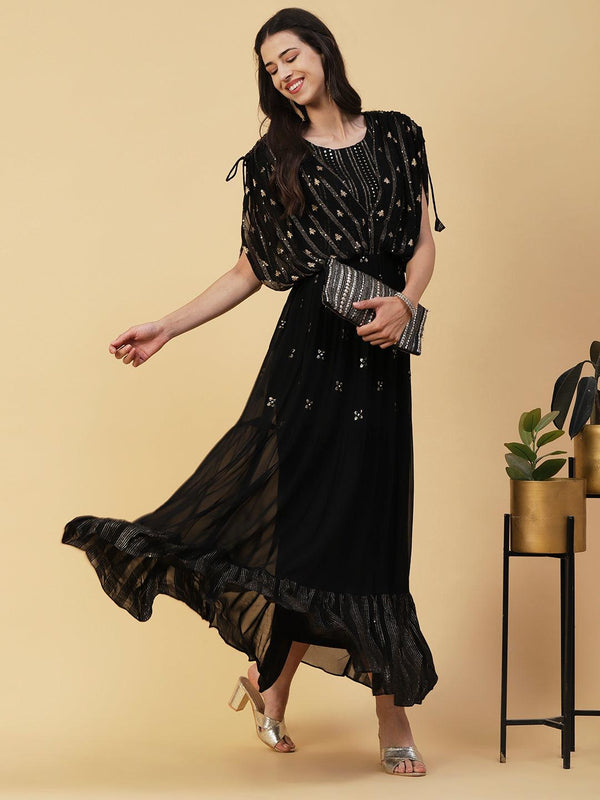 Woven Zari Work Mirror & Resham Embroidered Layered Yoke Gown - Black - Indiakreations