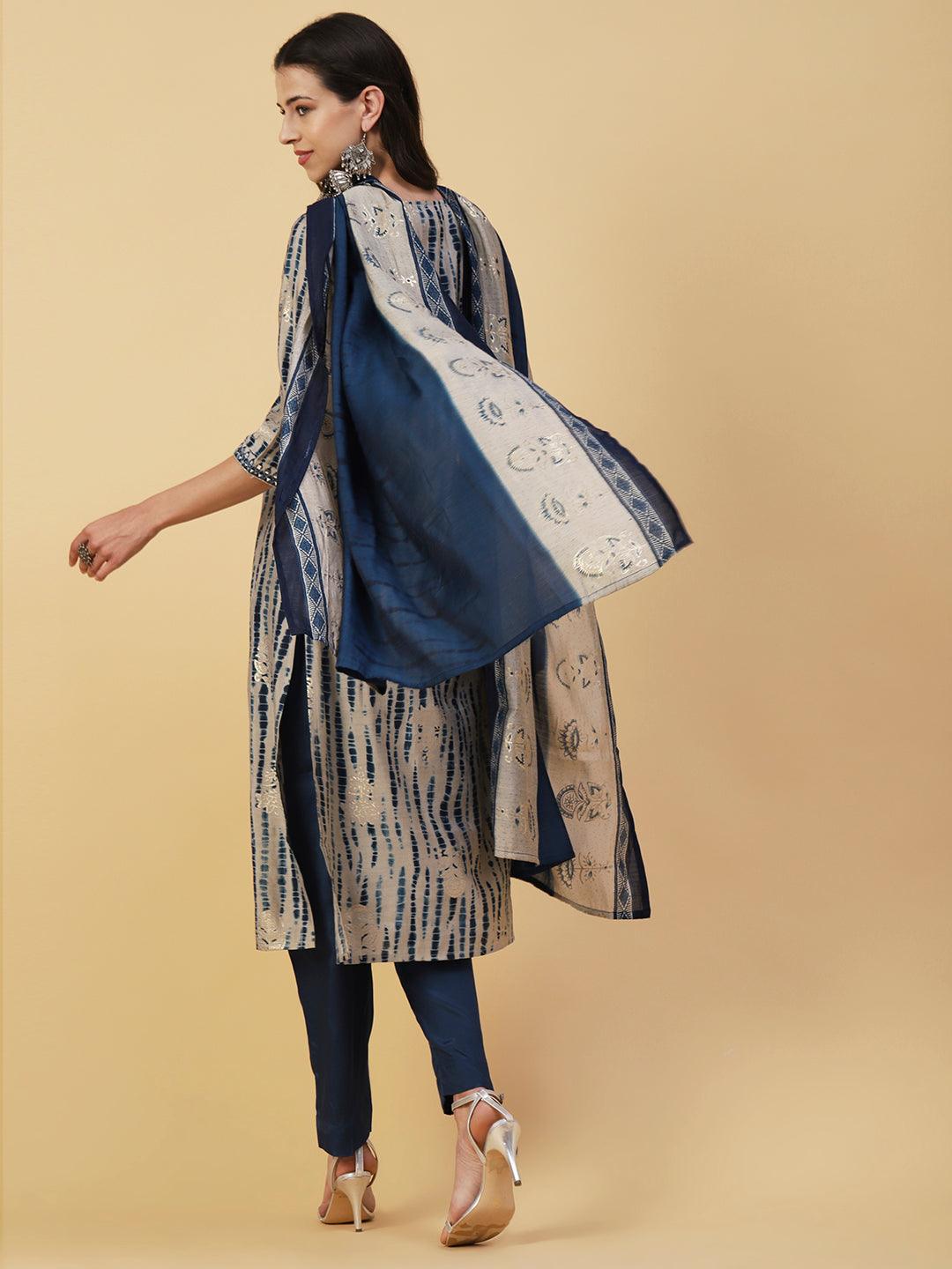 Shibori Printed Mirror & Resham Embroidered Kurta With Pants & Foil Printed Dupatta - Blue - Indiakreations