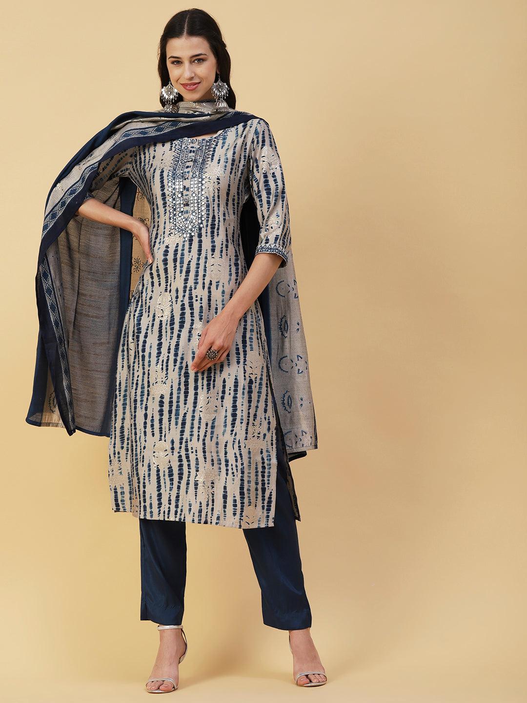 Shibori Printed Mirror & Resham Embroidered Kurta With Pants & Foil Printed Dupatta - Blue - Indiakreations