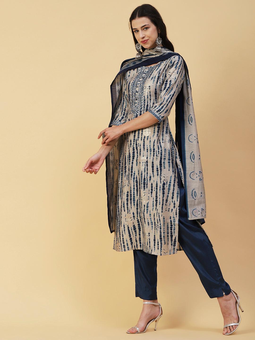 Shibori Printed Mirror & Resham Embroidered Kurta With Pants & Foil Printed Dupatta - Blue - Indiakreations