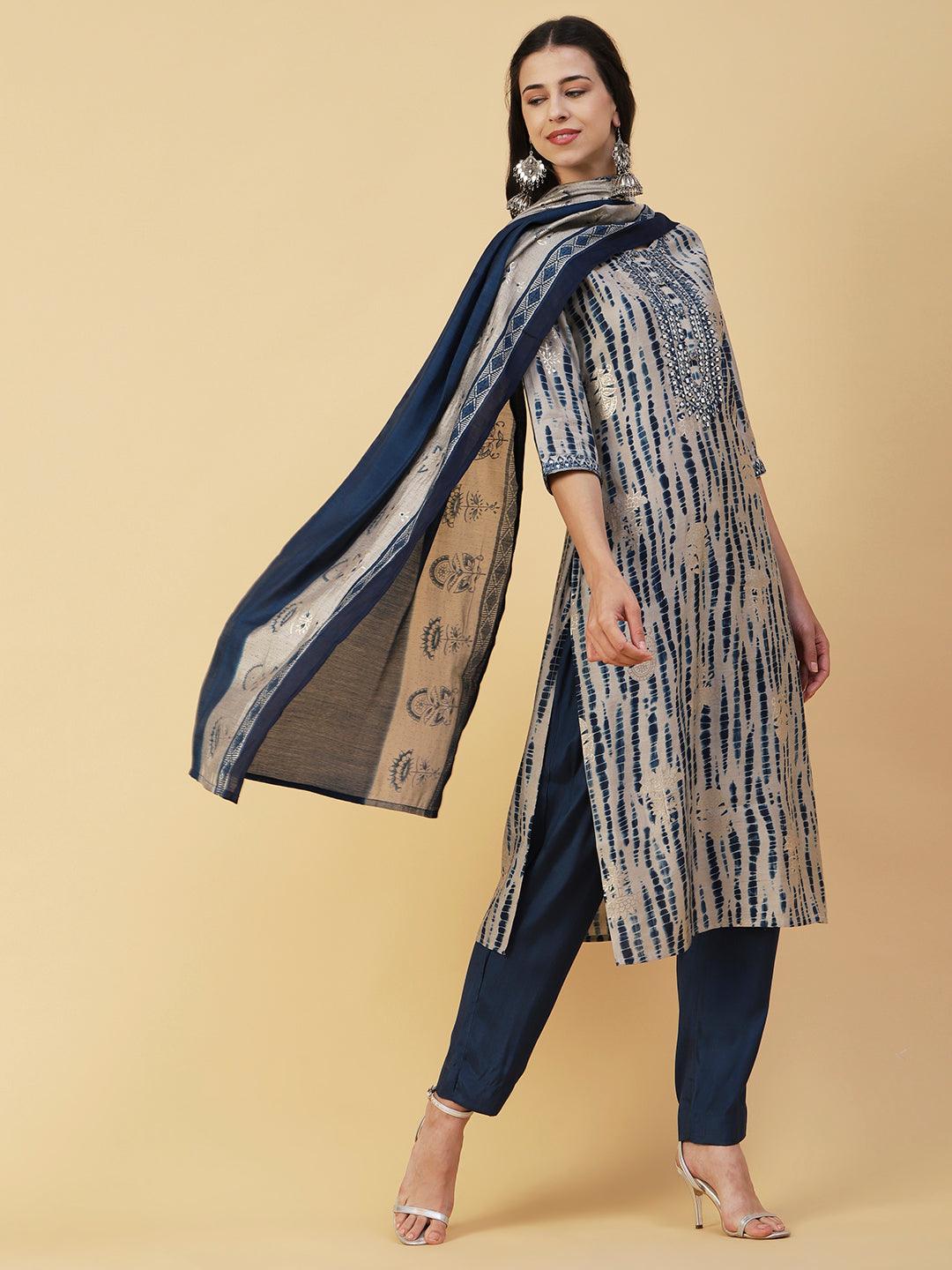 Shibori Printed Mirror & Resham Embroidered Kurta With Pants & Foil Printed Dupatta - Blue - Indiakreations