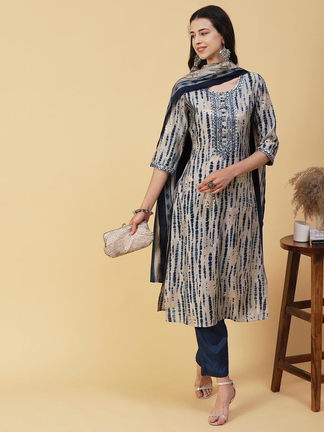 Shibori Printed Mirror & Resham Embroidered Kurta With Pants & Foil Printed Dupatta - Blue - Indiakreations