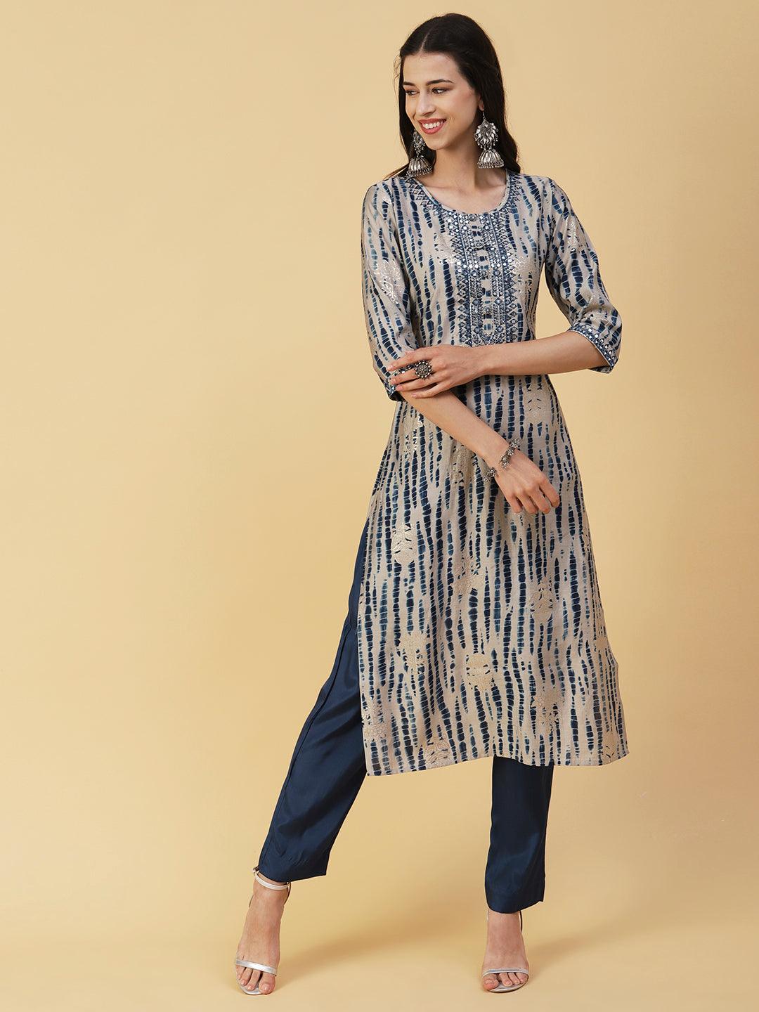 Shibori Printed Mirror & Resham Embroidered Kurta With Pants & Foil Printed Dupatta - Blue - Indiakreations