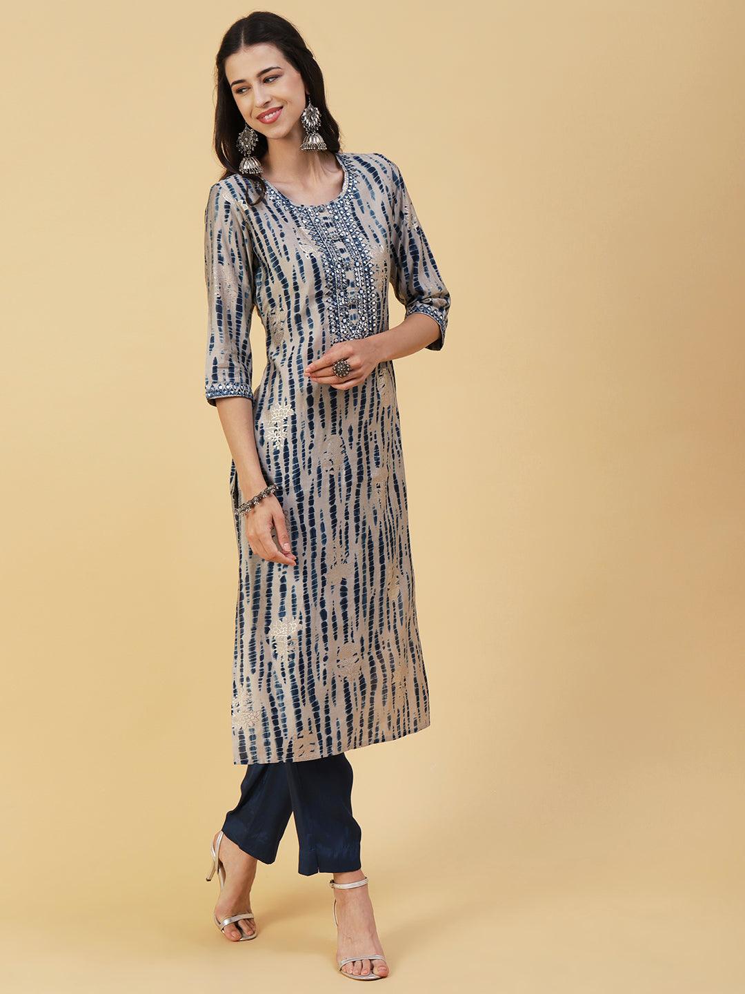 Shibori Printed Mirror & Resham Embroidered Kurta With Pants & Foil Printed Dupatta - Blue - Indiakreations