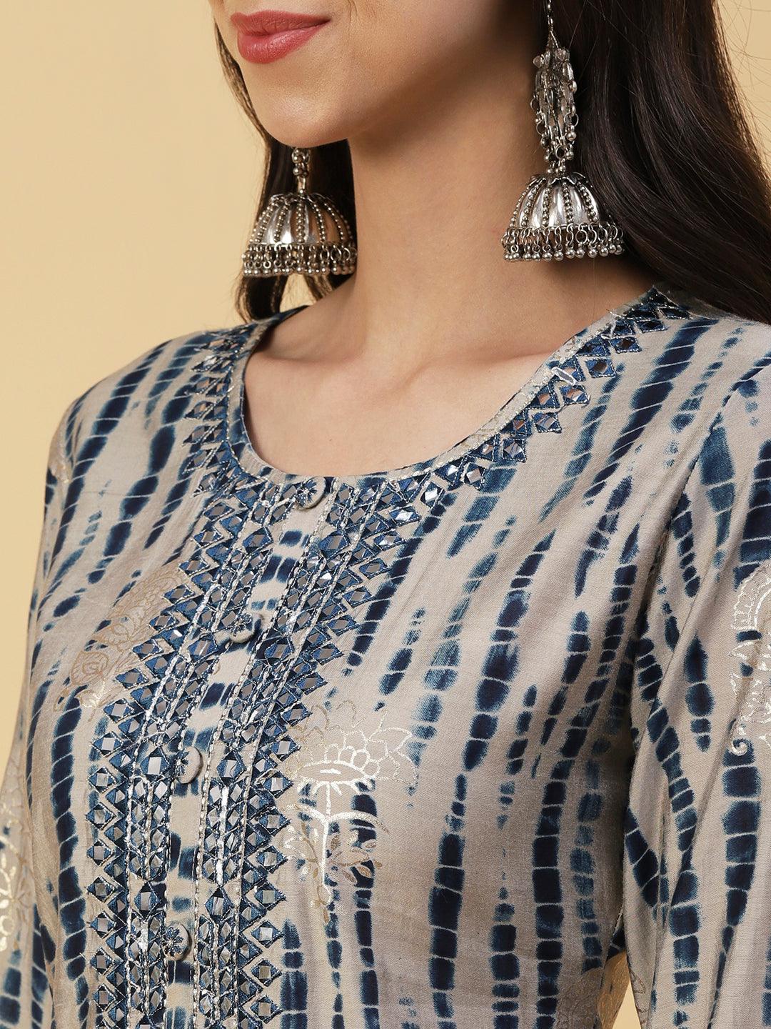 Shibori Printed Mirror & Resham Embroidered Kurta With Pants & Foil Printed Dupatta - Blue - Indiakreations