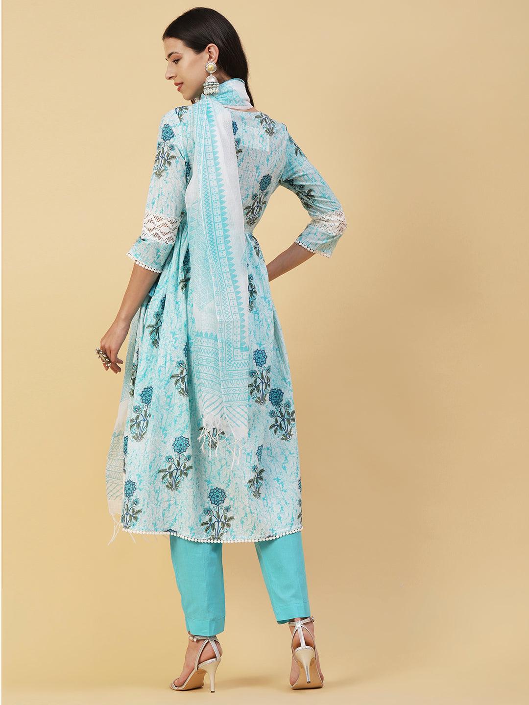 Floral Printed Mirror Embroidered High Slit Gathered Kurta With Pants & Dupatta - Sky Blue - Indiakreations