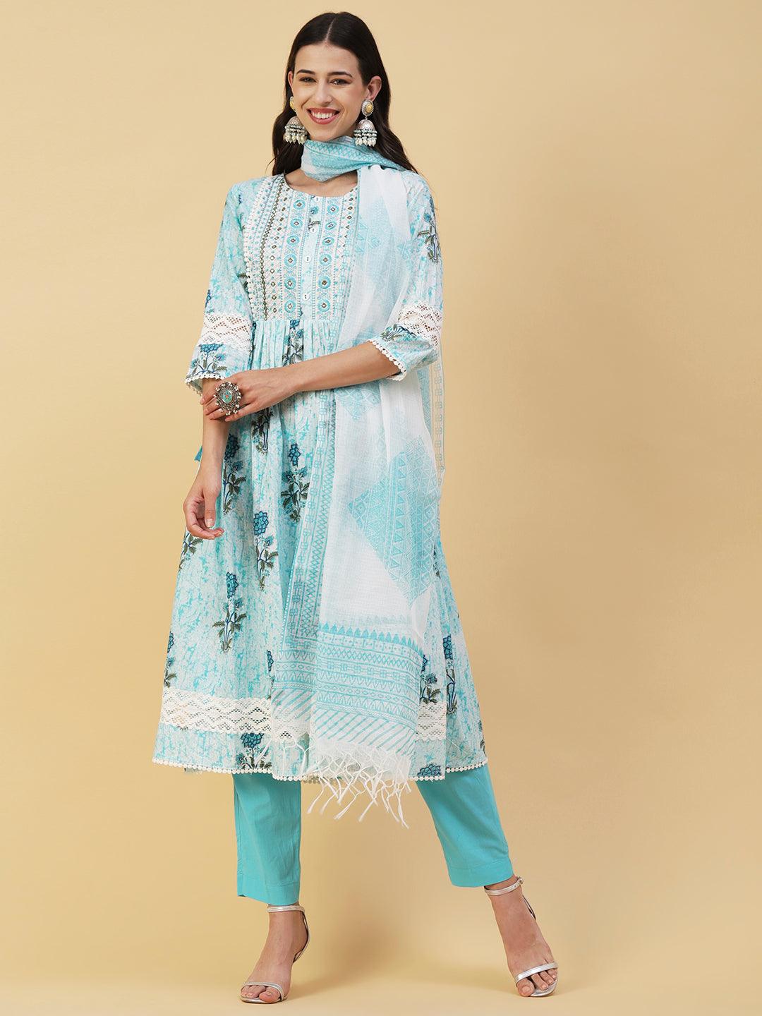 Floral Printed Mirror Embroidered High Slit Gathered Kurta With Pants & Dupatta - Sky Blue - Indiakreations