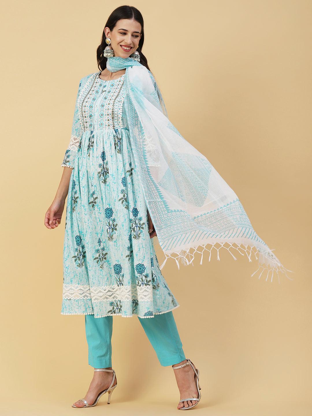 Floral Printed Mirror Embroidered High Slit Gathered Kurta With Pants & Dupatta - Sky Blue - Indiakreations