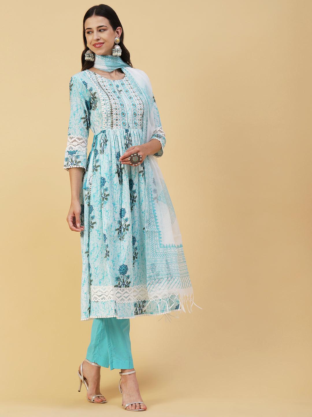 Floral Printed Mirror Embroidered High Slit Gathered Kurta With Pants & Dupatta - Sky Blue - Indiakreations