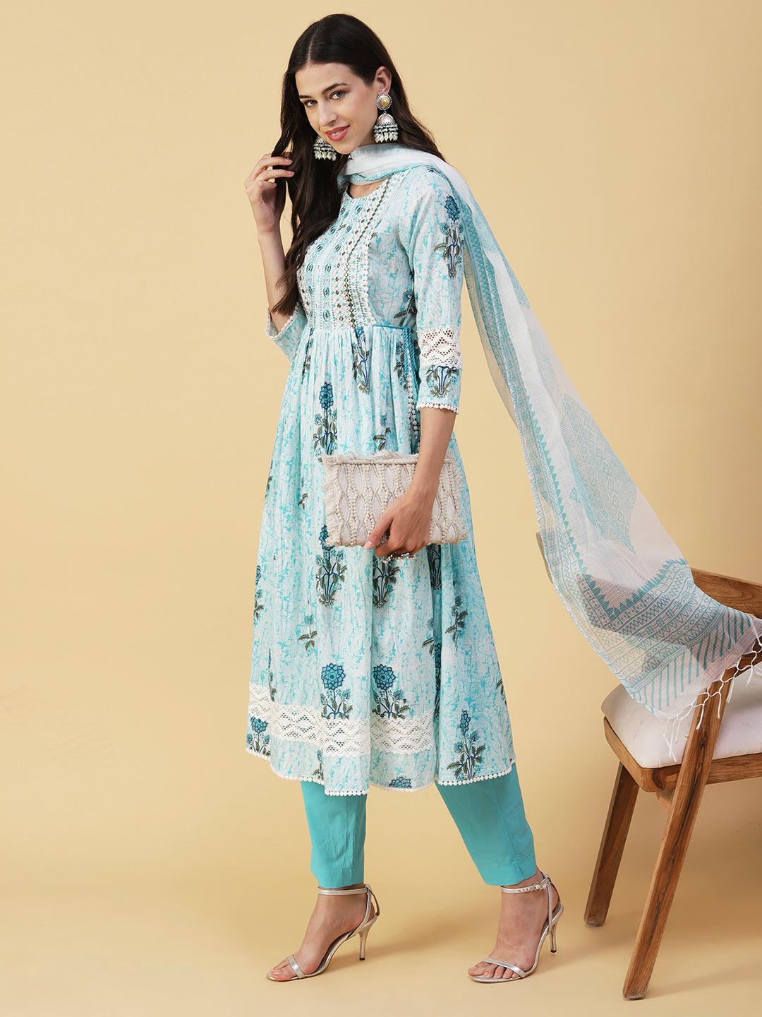 Floral Printed Mirror Embroidered High Slit Gathered Kurta With Pants & Dupatta - Sky Blue - Indiakreations