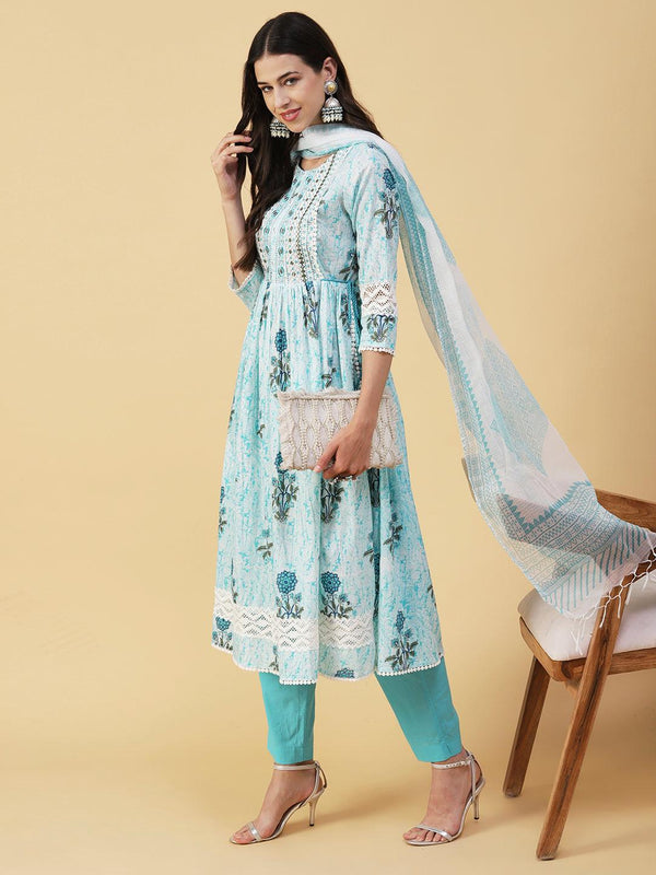 Floral Printed Mirror Embroidered High Slit Gathered Kurta With Pants & Dupatta - Sky Blue - Indiakreations