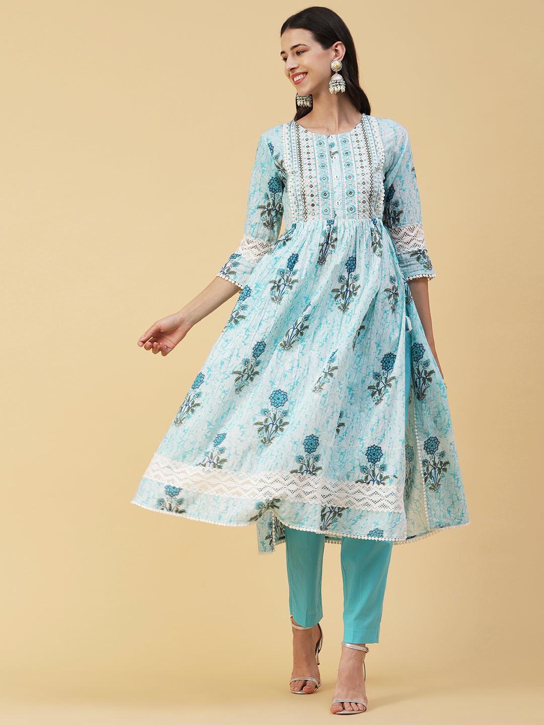 Floral Printed Mirror Embroidered High Slit Gathered Kurta With Pants & Dupatta - Sky Blue - Indiakreations