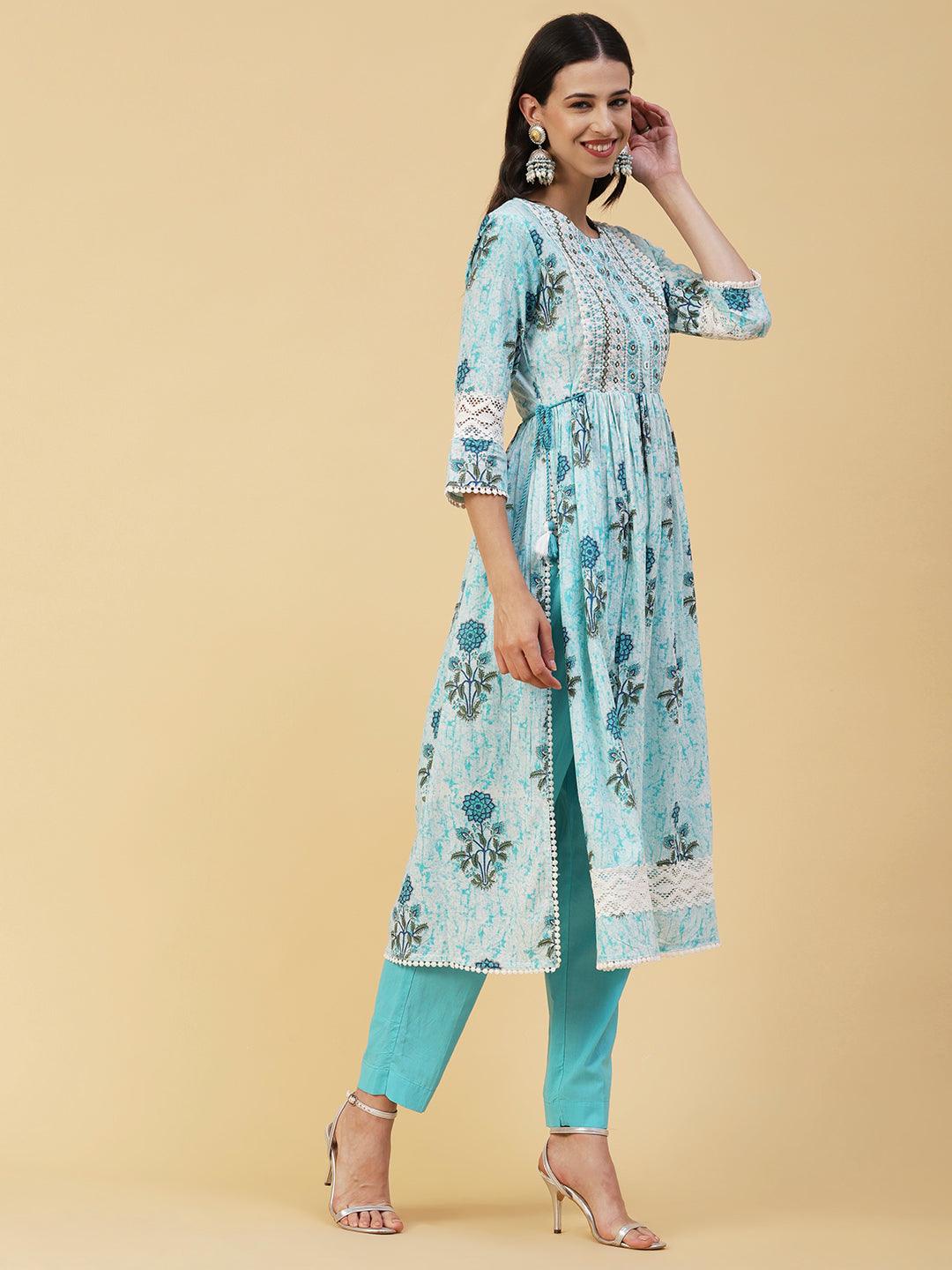 Floral Printed Mirror Embroidered High Slit Gathered Kurta With Pants & Dupatta - Sky Blue - Indiakreations