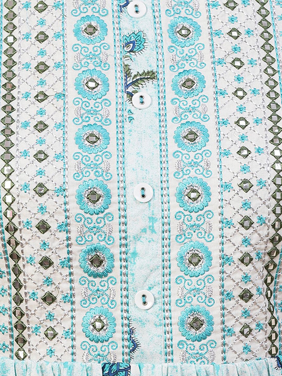 Floral Printed Mirror Embroidered High Slit Gathered Kurta With Pants & Dupatta - Sky Blue - Indiakreations