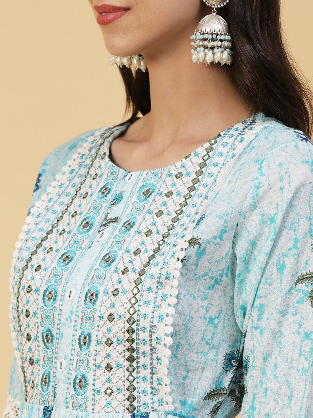 Floral Printed Mirror Embroidered High Slit Gathered Kurta With Pants & Dupatta - Sky Blue - Indiakreations