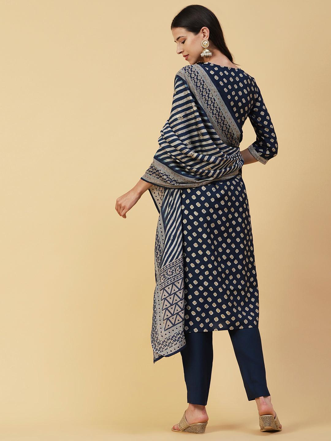 Abstract Printed Zari Dori Embroidered Kurta With Pants & Dupatta - Navy Blue - Indiakreations