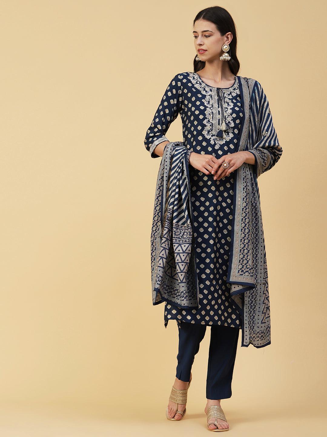 Abstract Printed Zari Dori Embroidered Kurta With Pants & Dupatta - Navy Blue - Indiakreations