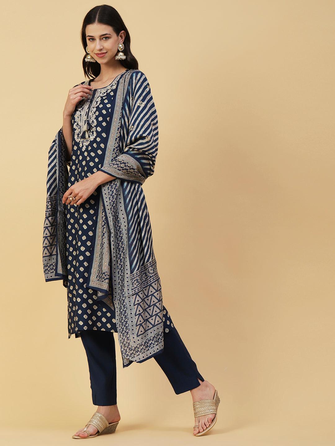 Abstract Printed Zari Dori Embroidered Kurta With Pants & Dupatta - Navy Blue - Indiakreations