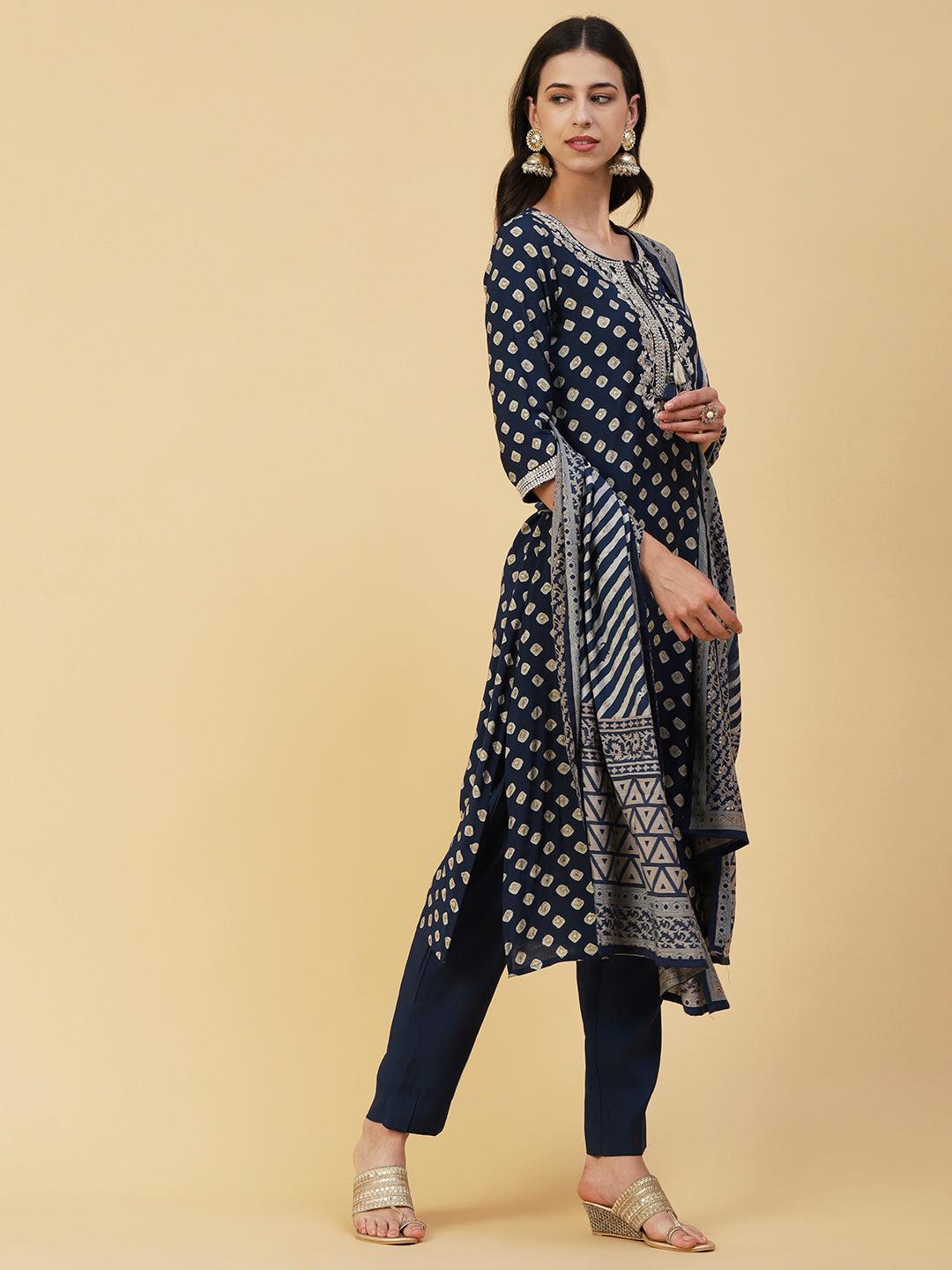 Abstract Printed Zari Dori Embroidered Kurta With Pants & Dupatta - Navy Blue - Indiakreations