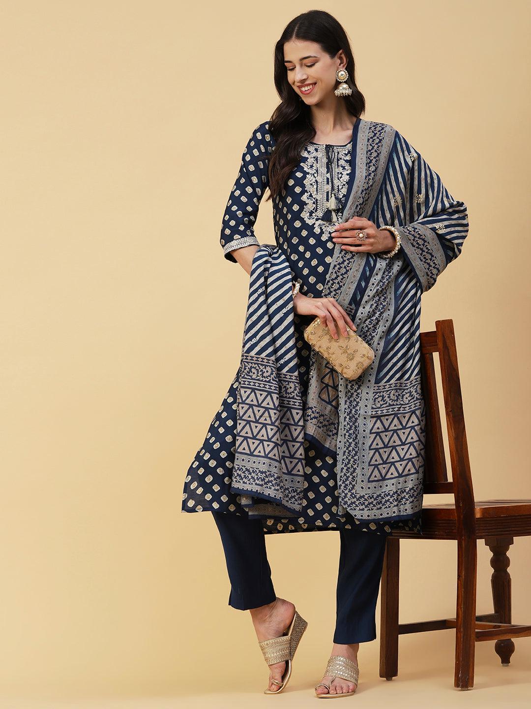 Abstract Printed Zari Dori Embroidered Kurta With Pants & Dupatta - Navy Blue - Indiakreations