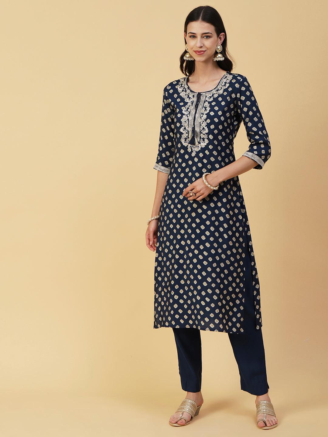 Abstract Printed Zari Dori Embroidered Kurta With Pants & Dupatta - Navy Blue - Indiakreations